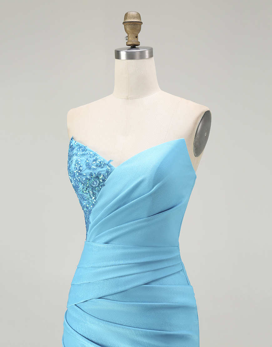 Sparkly Blue Satin Mermaid Ruched Long Prom Dress with Slit