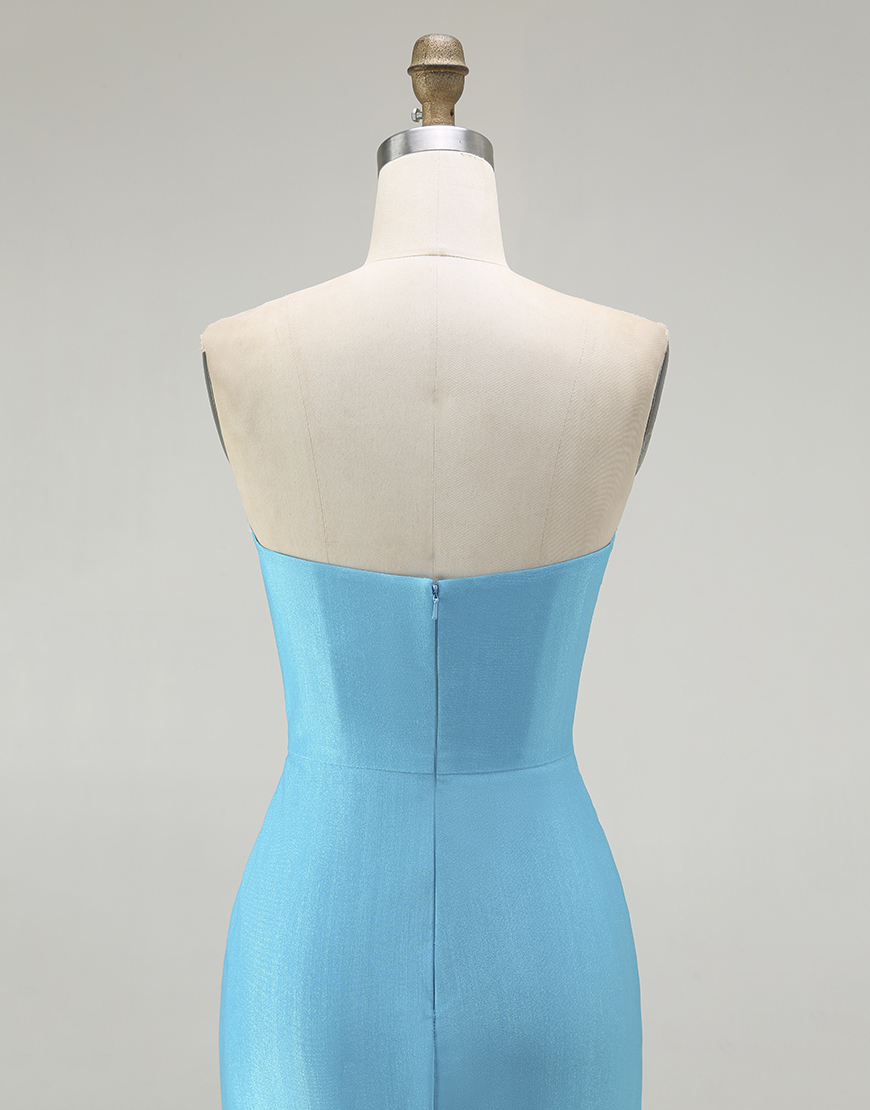 Sparkly Blue Satin Mermaid Ruched Long Prom Dress with Slit