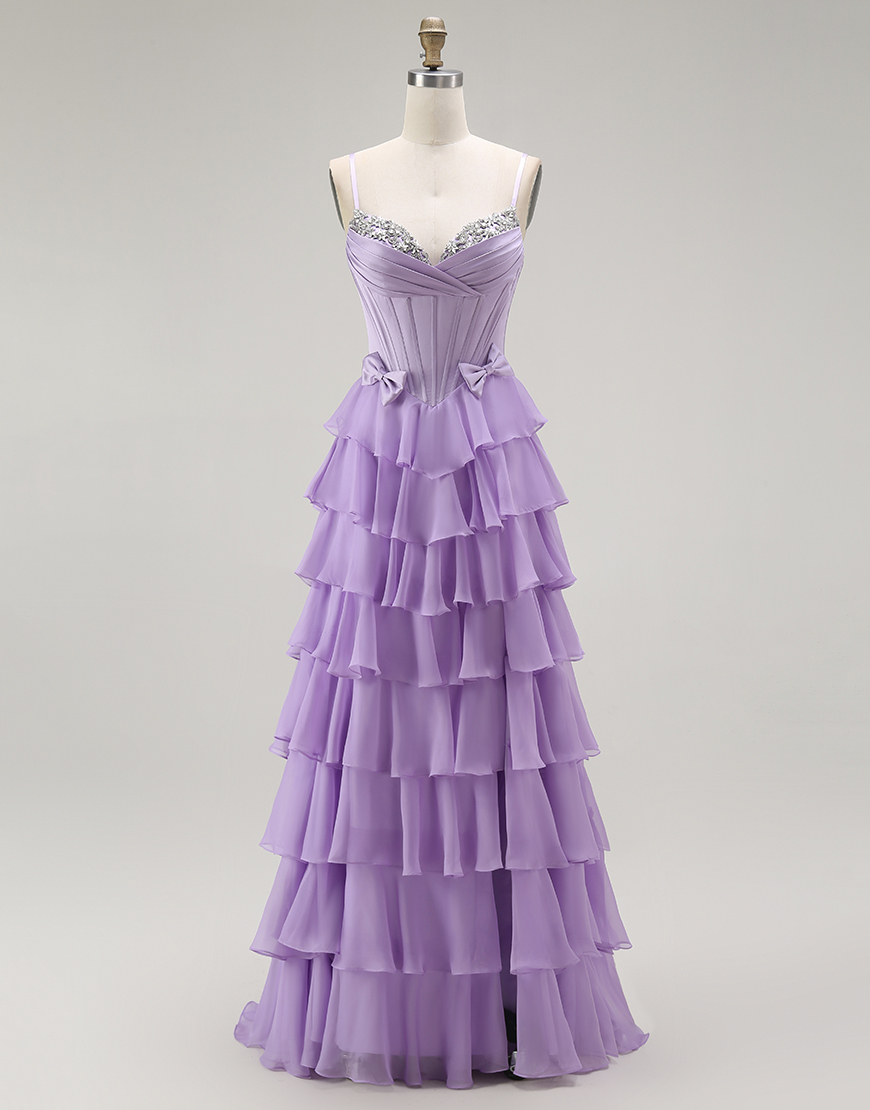 Purple A Line Chiffon Tiered Long Corset Prom Dress with Bows