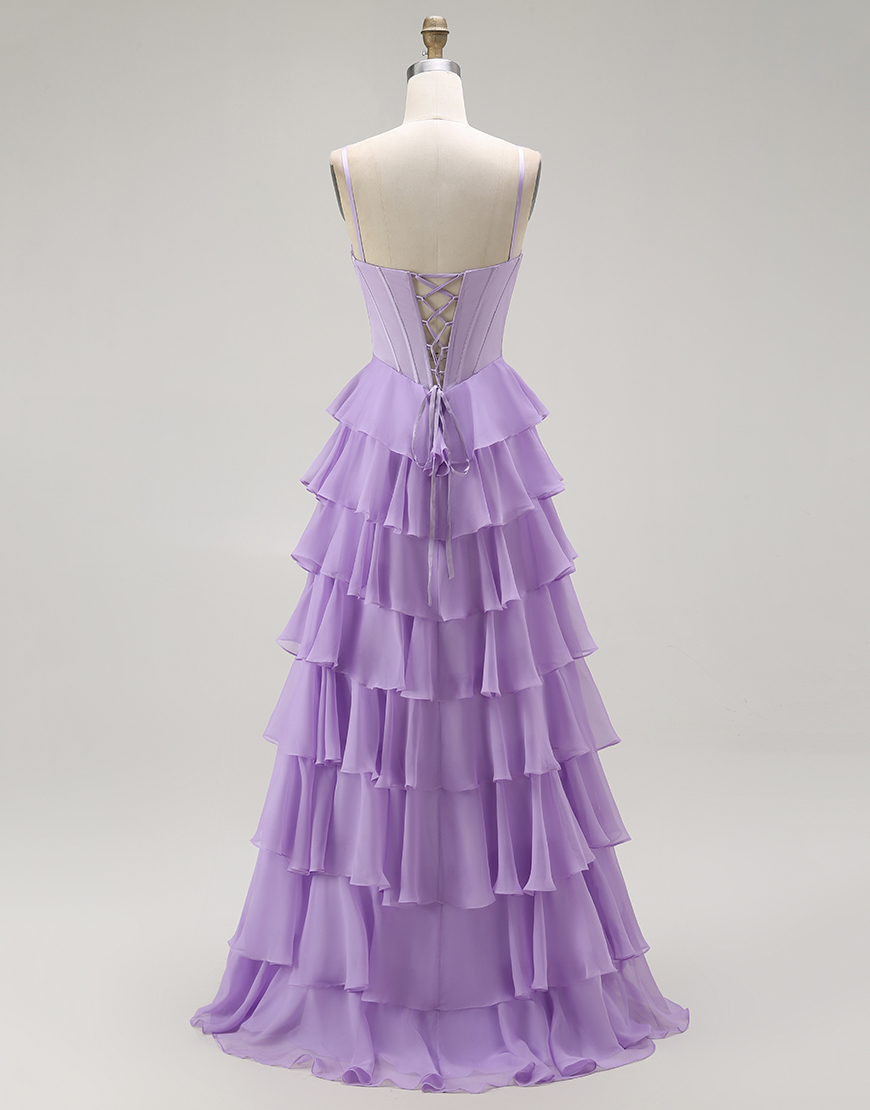 Purple A Line Chiffon Tiered Long Corset Prom Dress with Bows