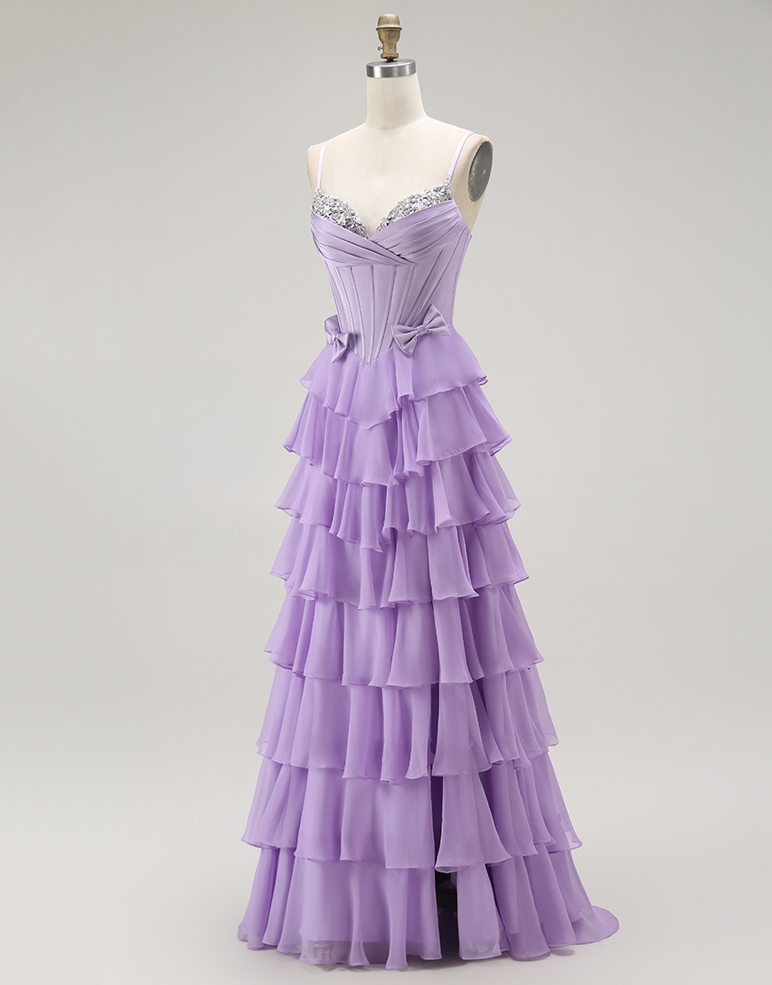 Purple A Line Chiffon Tiered Long Corset Prom Dress with Bows