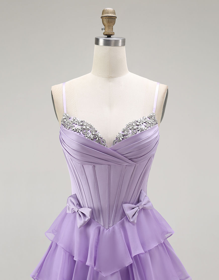 Purple A Line Chiffon Tiered Long Corset Prom Dress with Bows