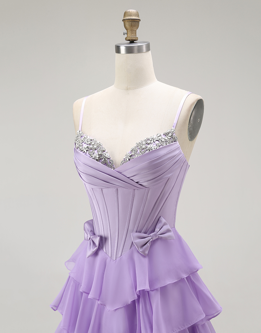 Purple A Line Chiffon Tiered Long Corset Prom Dress with Bows