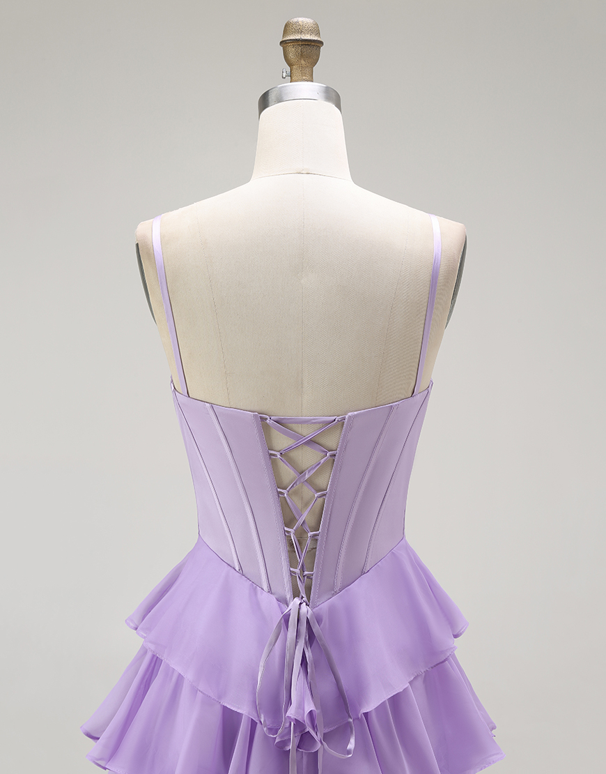 Purple A Line Chiffon Tiered Long Corset Prom Dress with Bows