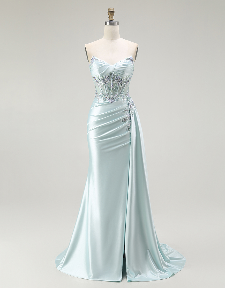 Sparkly Light Green Floral Long Corset Prom Dress with Slit