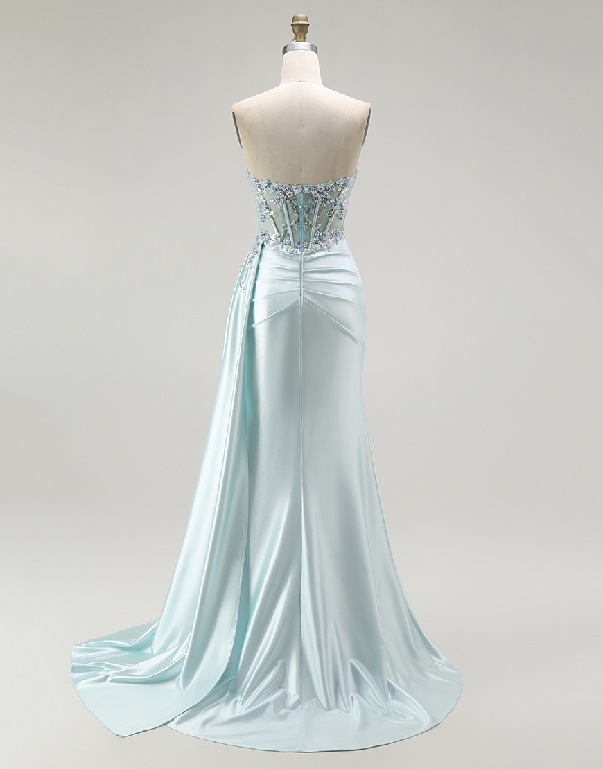 Sparkly Light Green Floral Long Corset Prom Dress with Slit