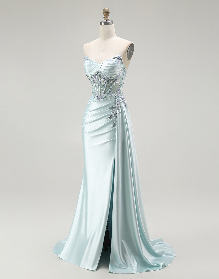 Sparkly Light Green Floral Long Corset Prom Dress with Slit