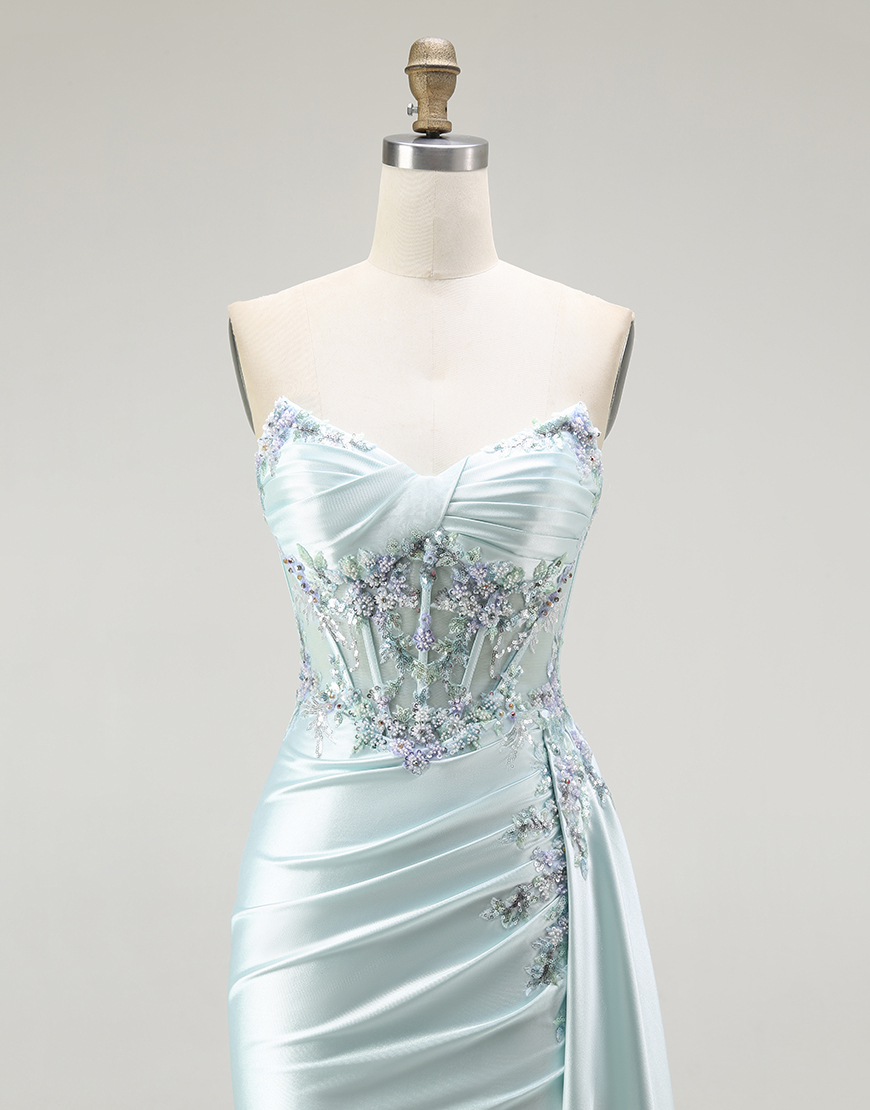 Sparkly Light Green Floral Long Corset Prom Dress with Slit