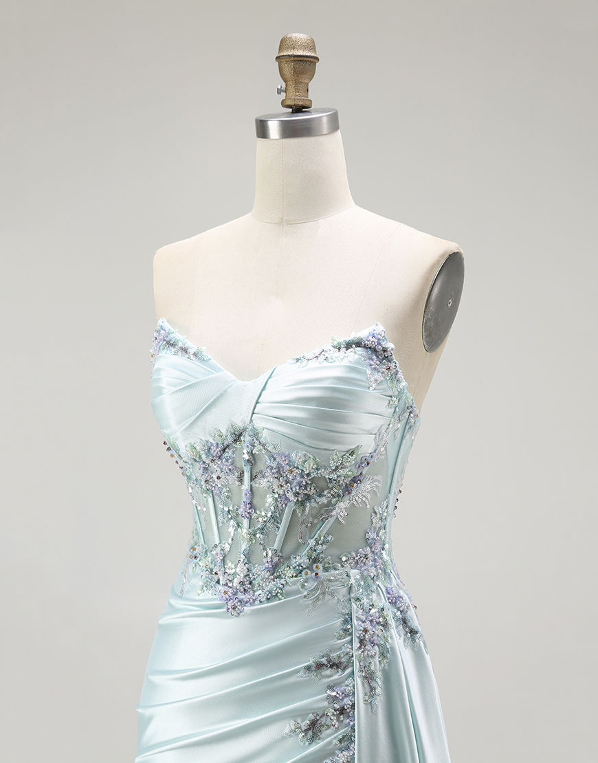 Sparkly Light Green Floral Long Corset Prom Dress with Slit