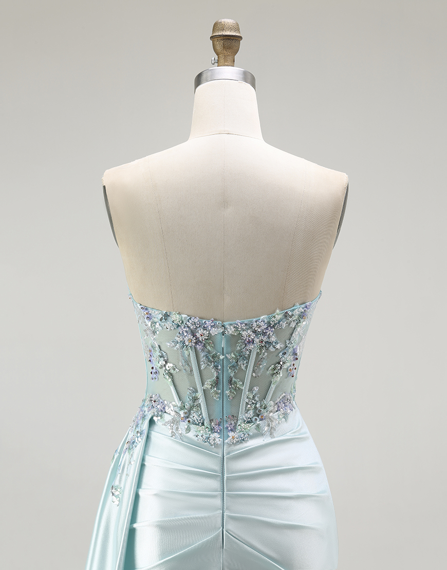 Sparkly Light Green Floral Long Corset Prom Dress with Slit