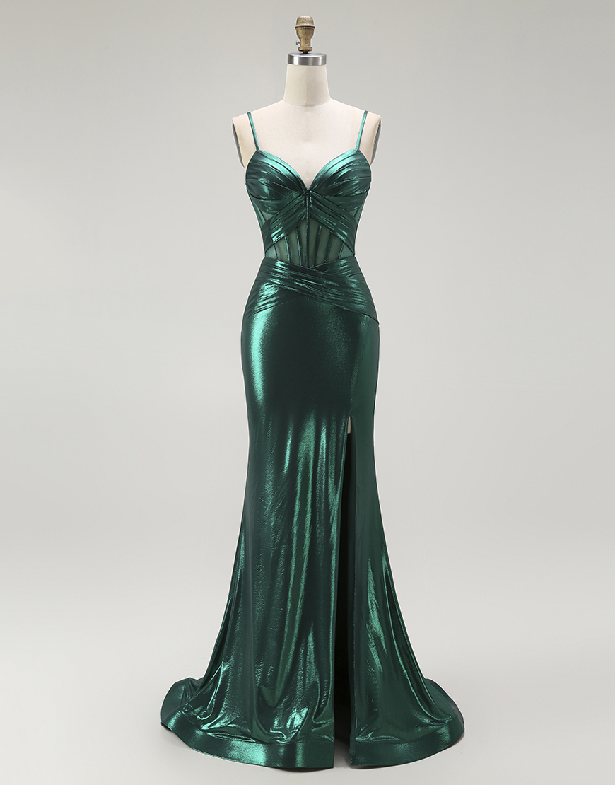 Dark Green Mermaid Corset Metallic Long Prom Dress with Slit