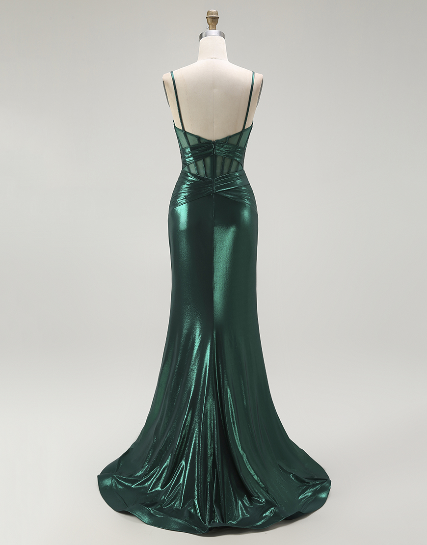 Dark Green Mermaid Corset Metallic Long Prom Dress with Slit