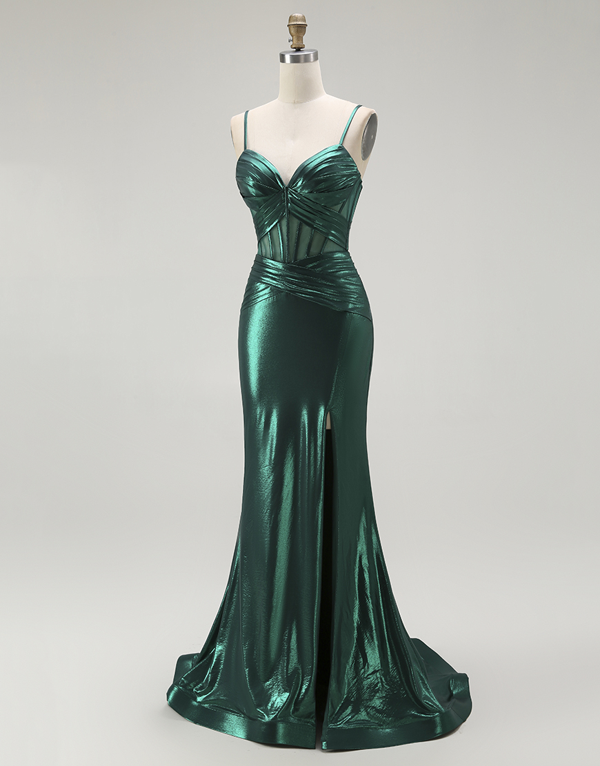 Dark Green Mermaid Corset Metallic Long Prom Dress with Slit