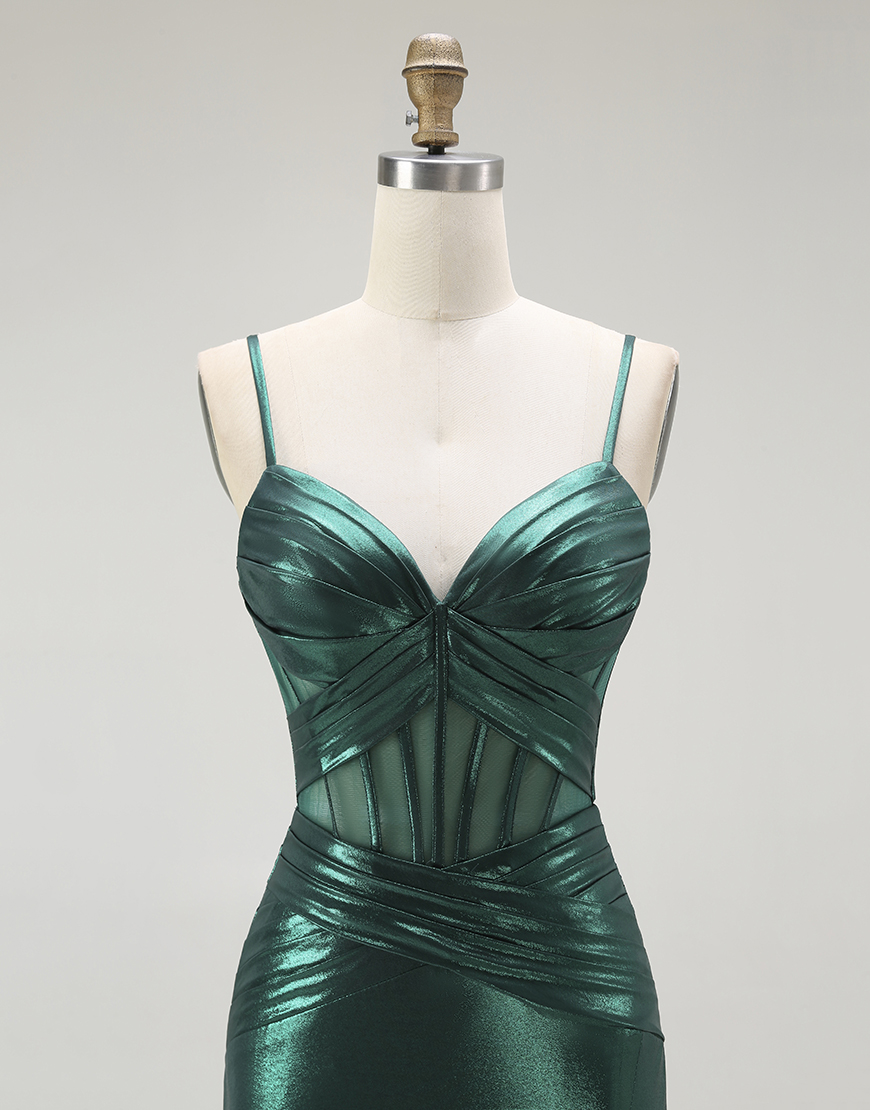 Dark Green Mermaid Corset Metallic Long Prom Dress with Slit