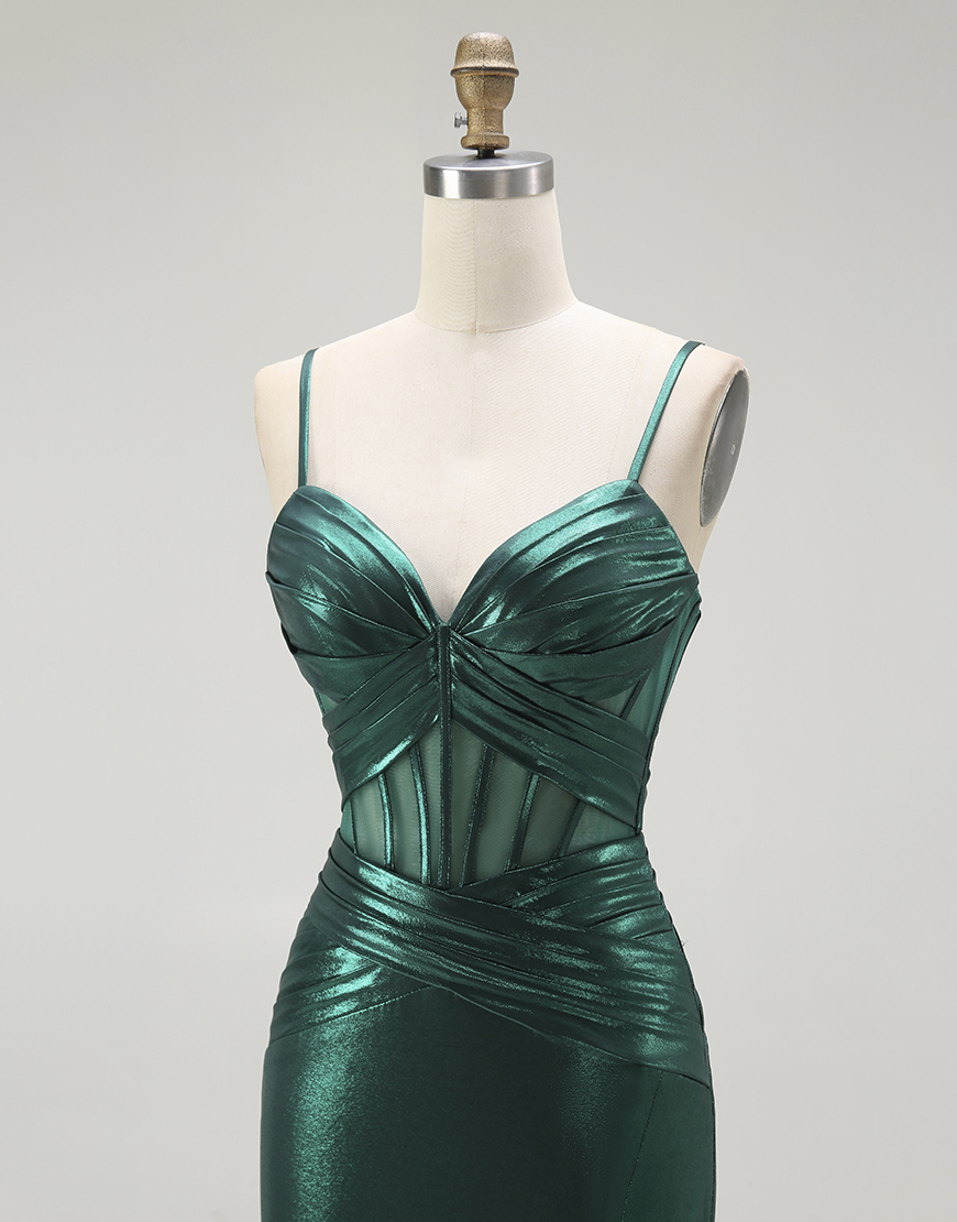 Dark Green Mermaid Corset Metallic Long Prom Dress with Slit