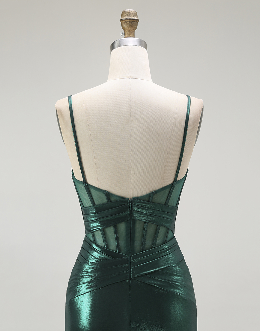 Dark Green Mermaid Corset Metallic Long Prom Dress with Slit