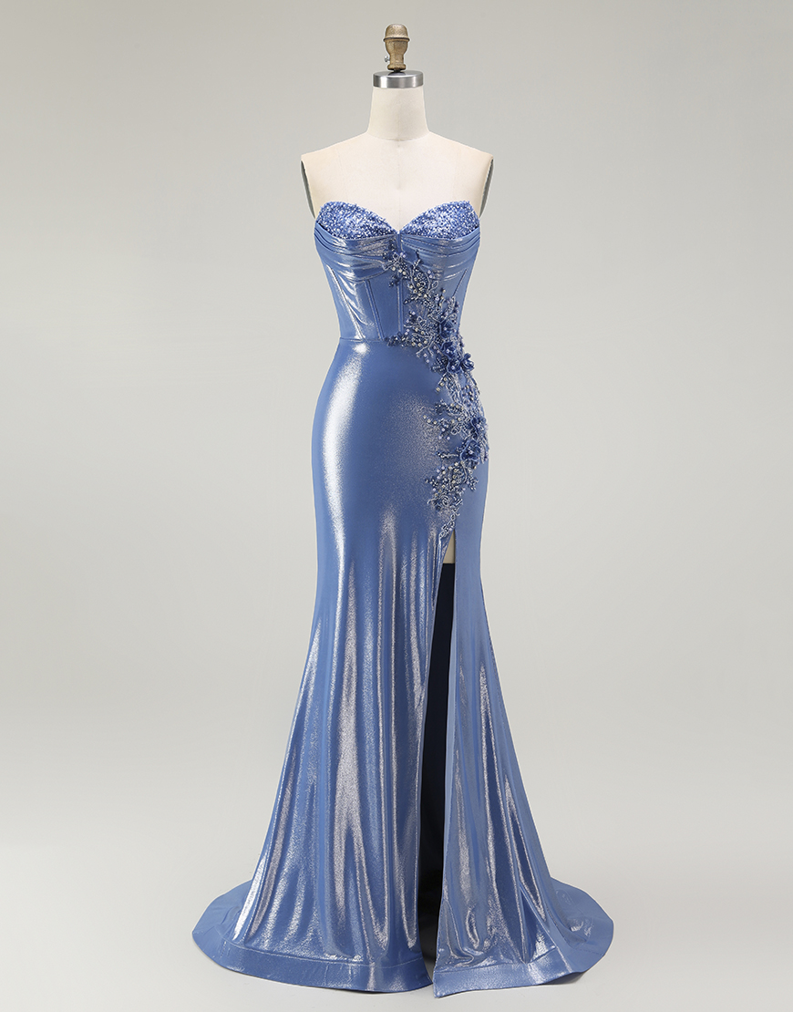 Sparkly Blue Floral Sweetheart Corset Beaded Long Prom Dress with Slit