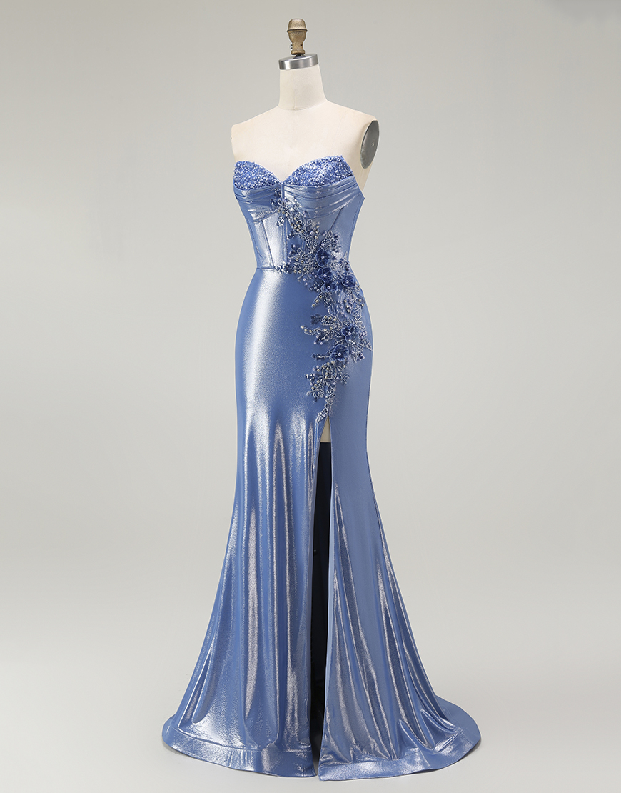 Sparkly Blue Floral Sweetheart Corset Beaded Long Prom Dress with Slit