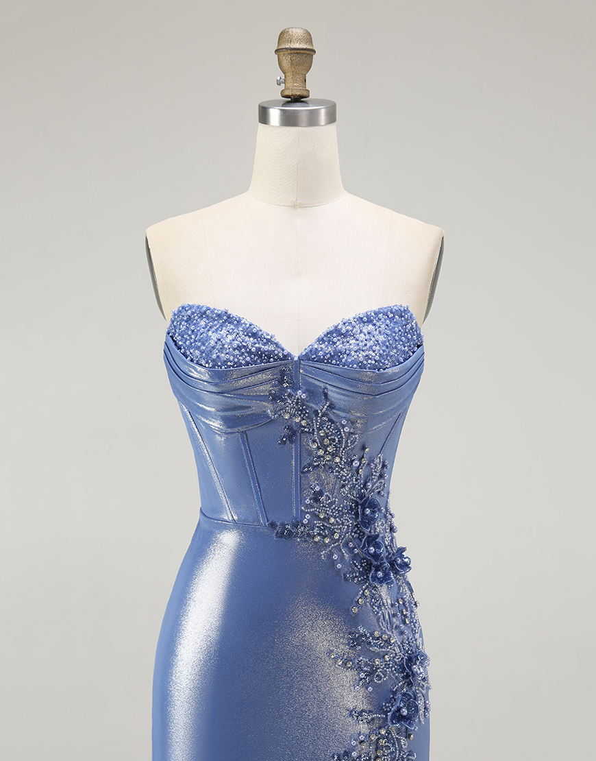 Sparkly Blue Floral Sweetheart Corset Beaded Long Prom Dress with Slit