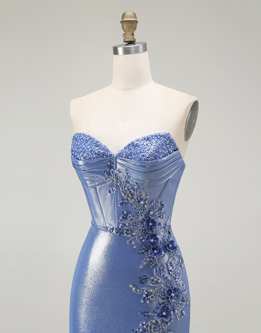 Sparkly Blue Floral Sweetheart Corset Beaded Long Prom Dress with Slit