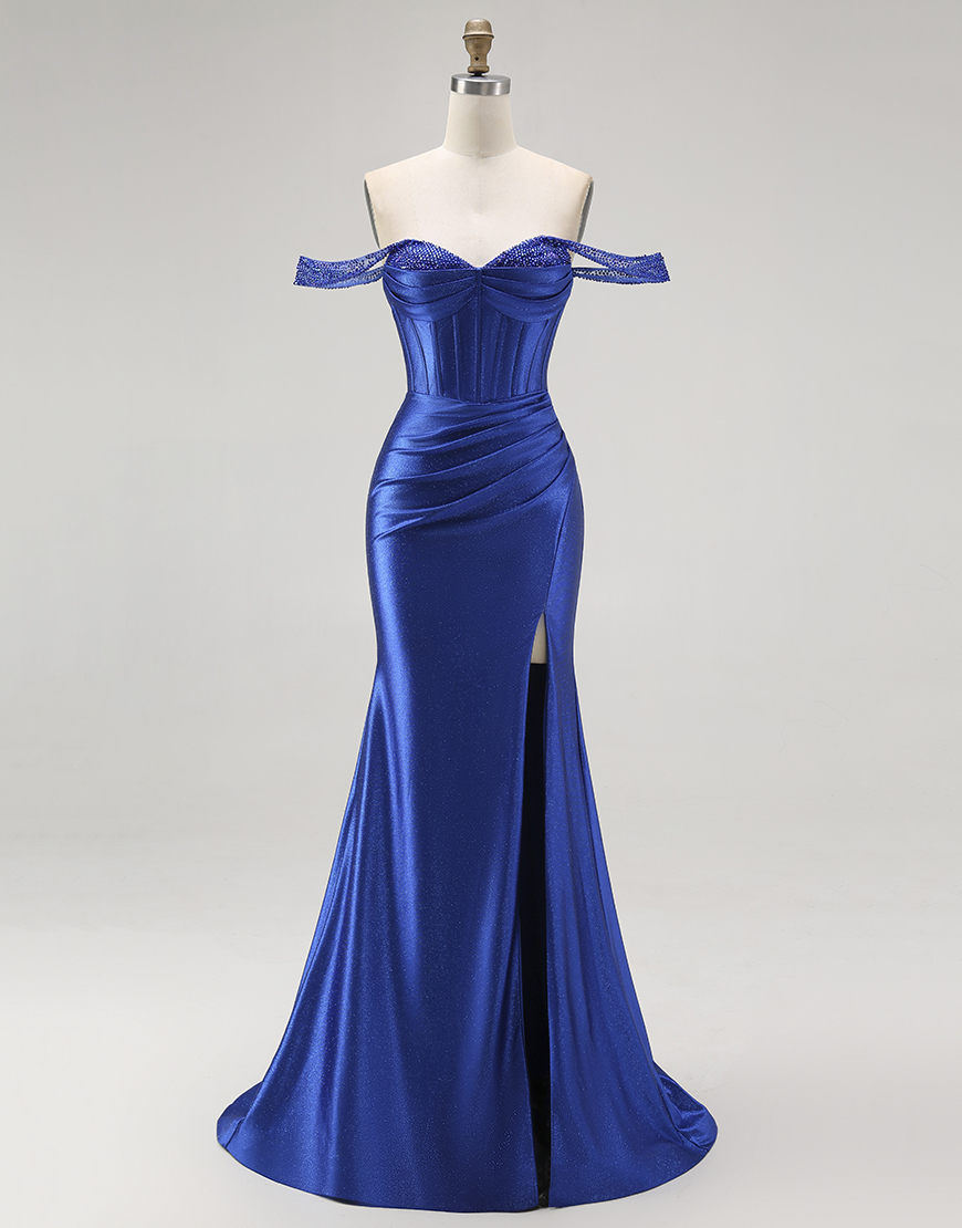 Berlinnova Women Sparkly Royal Blue Satin Corset Long Prom Dress with Slit Off the Shoulder Mermaid Lace Up Back Evening Dress with Beading
