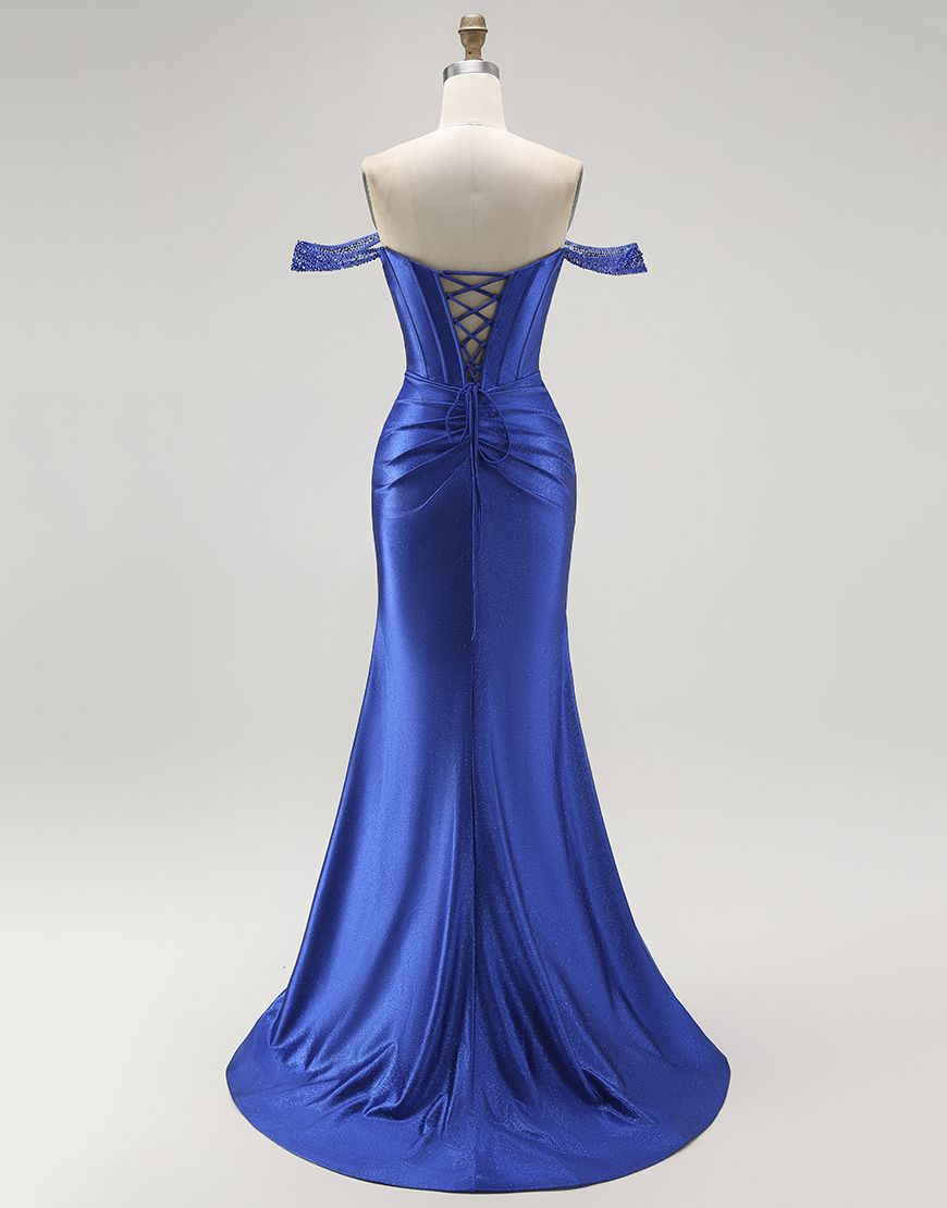 Sparkly Royal Blue Off the Shoulder Corset Long Prom Dress with Slit