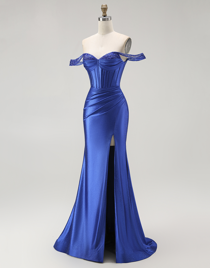 Sparkly Royal Blue Off the Shoulder Corset Long Prom Dress with Slit