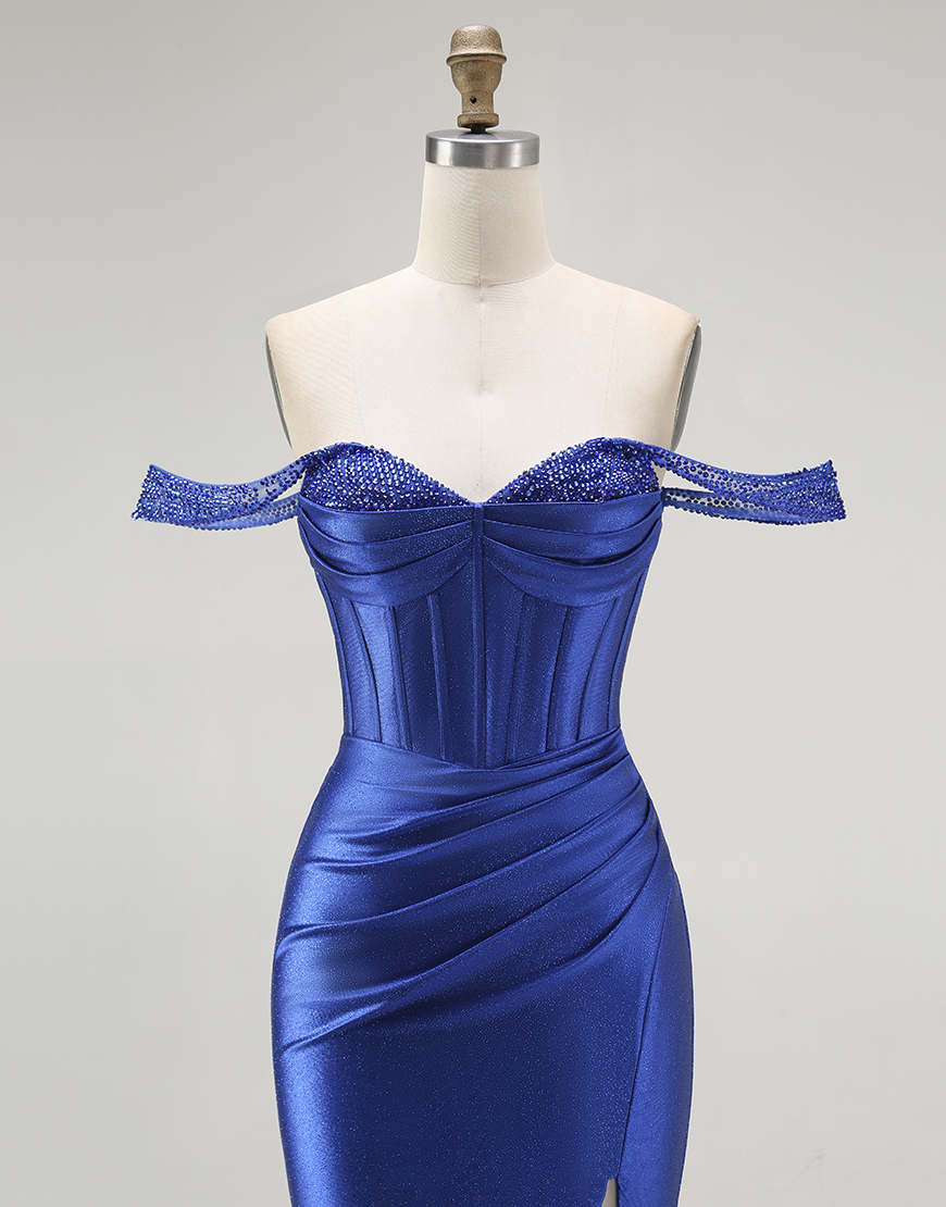 Sparkly Royal Blue Off the Shoulder Corset Long Prom Dress with Slit