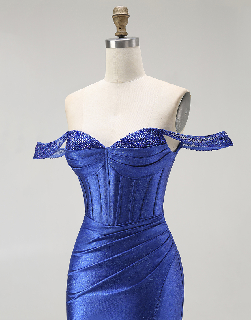 Sparkly Royal Blue Off the Shoulder Corset Long Prom Dress with Slit