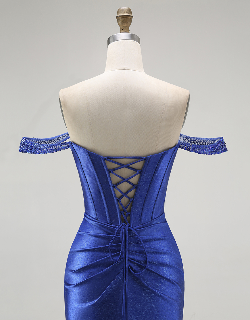 Sparkly Royal Blue Off the Shoulder Corset Long Prom Dress with Slit