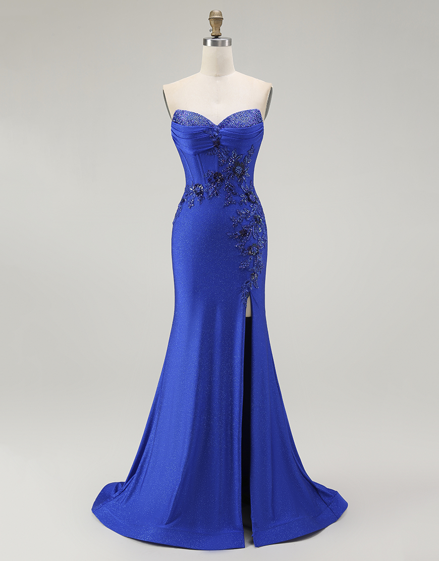 Sparkly Royal Blue Corset Mermaid Floral Long Prom Dress with Beading