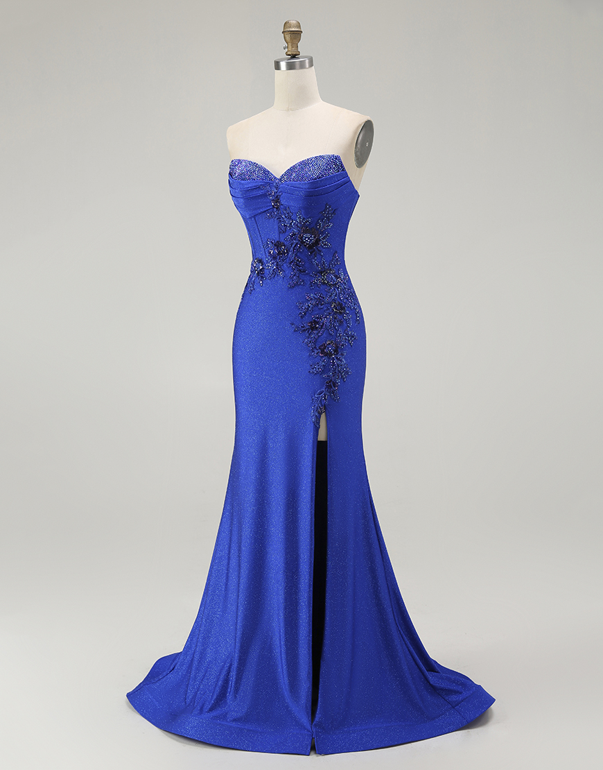 Sparkly Royal Blue Corset Mermaid Floral Long Prom Dress with Beading