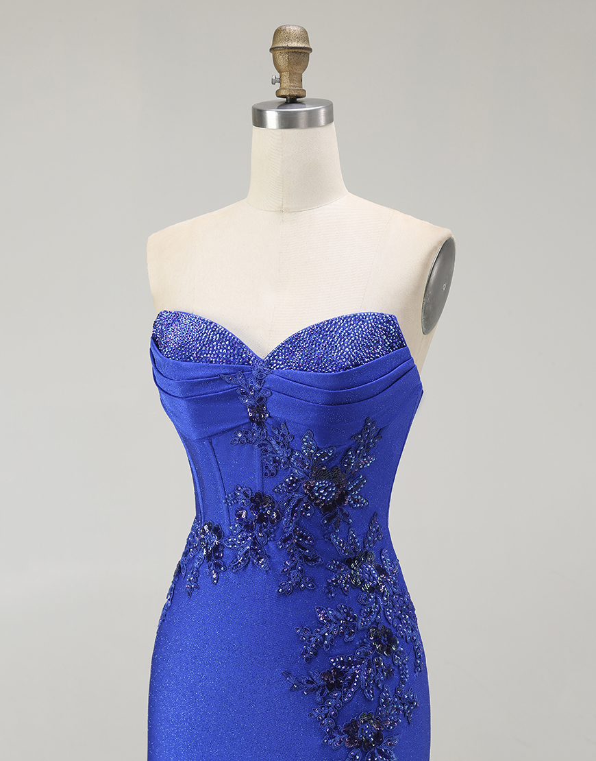 Sparkly Royal Blue Corset Mermaid Floral Long Prom Dress with Beading