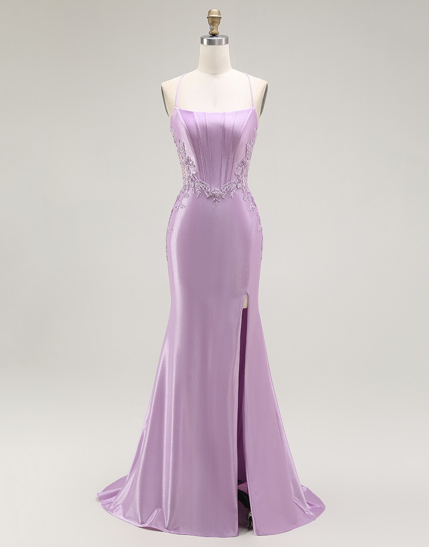 Purple Mermaid Appliqued Long Corset Prom Dress with Slit