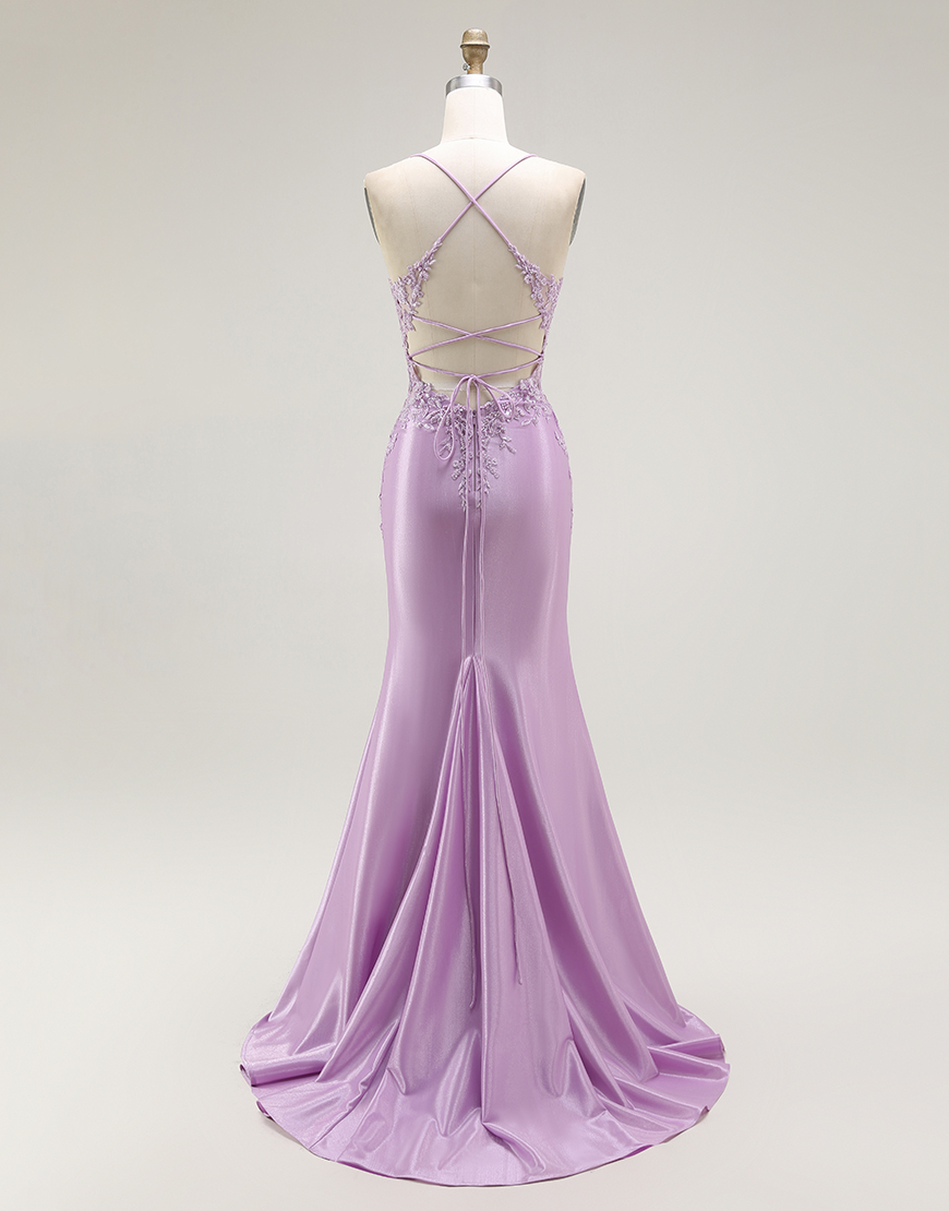 Purple Mermaid Appliqued Long Corset Prom Dress with Slit