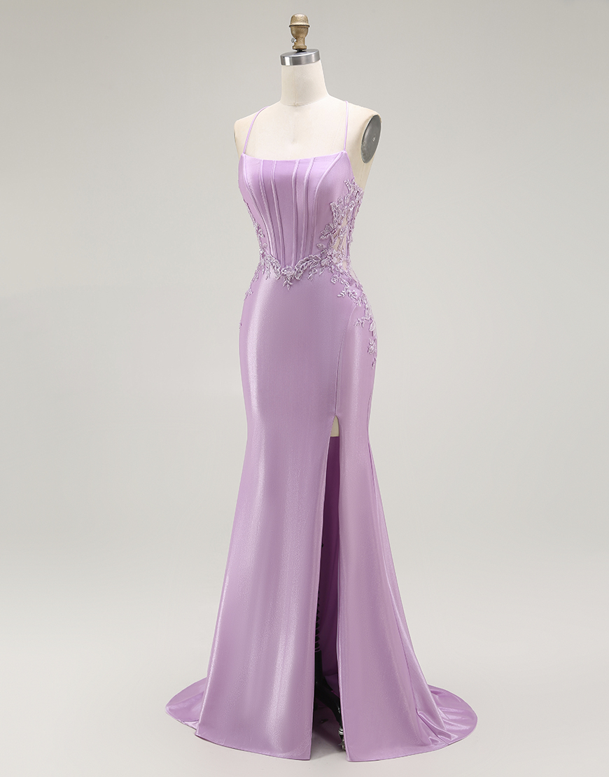 Purple Mermaid Appliqued Long Corset Prom Dress with Slit