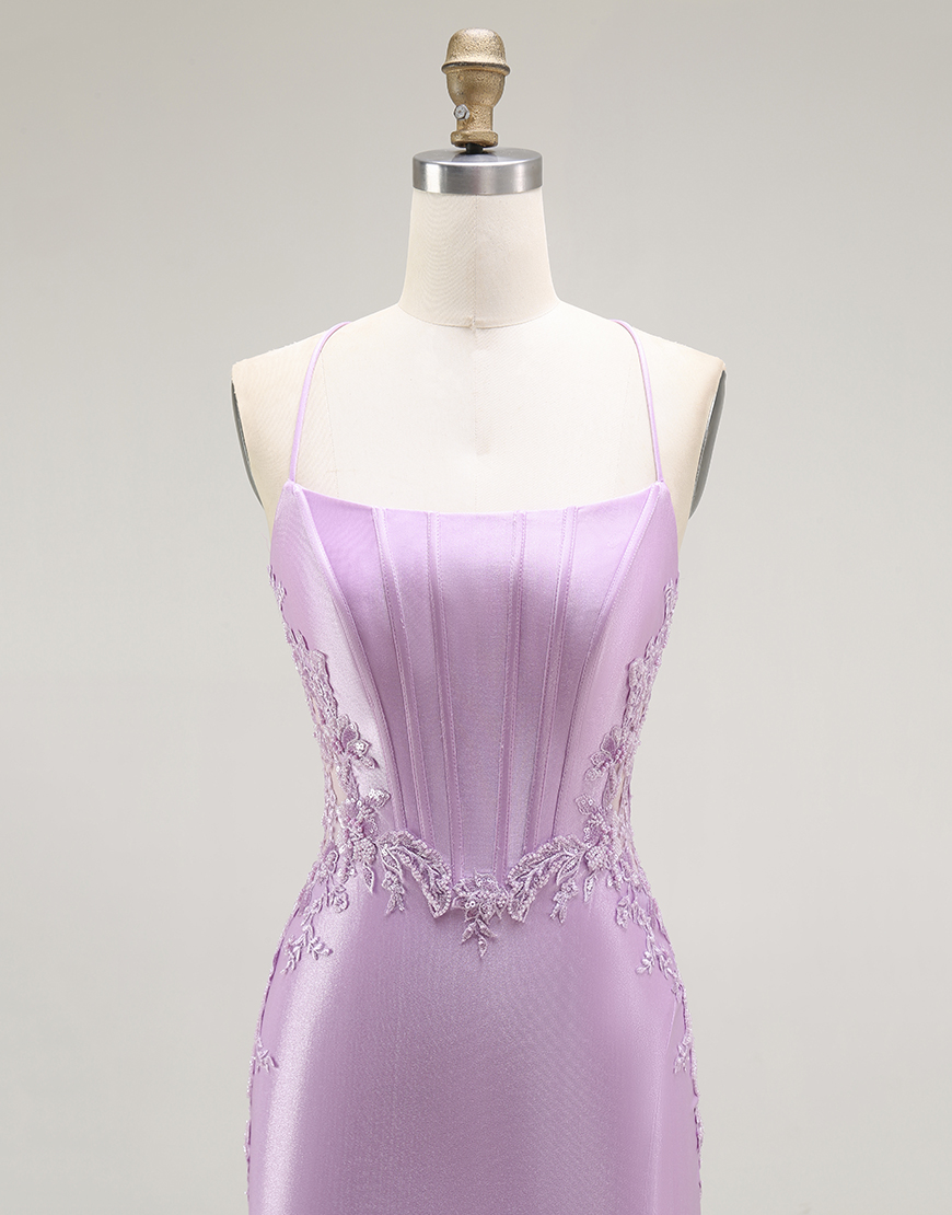 Purple Mermaid Appliqued Long Corset Prom Dress with Slit