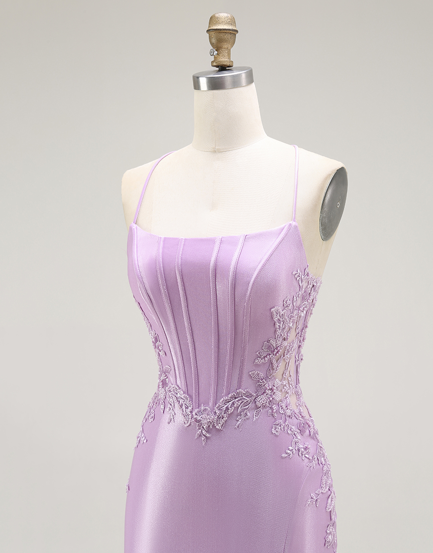 Purple Mermaid Appliqued Long Corset Prom Dress with Slit