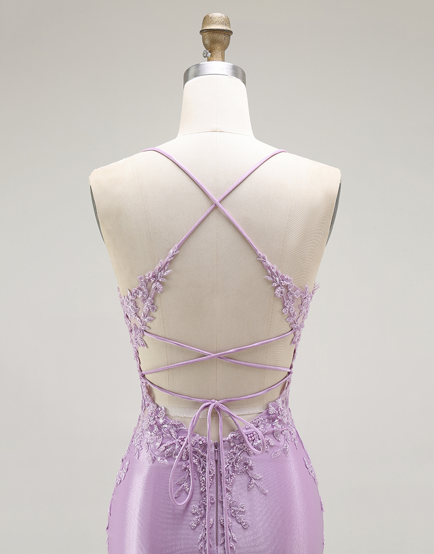 Purple Mermaid Appliqued Long Corset Prom Dress with Slit