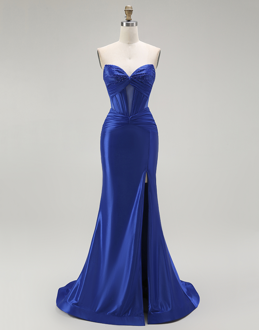Sparkly Royal Blue Long Mermaid Corset Prom Dress with Beading