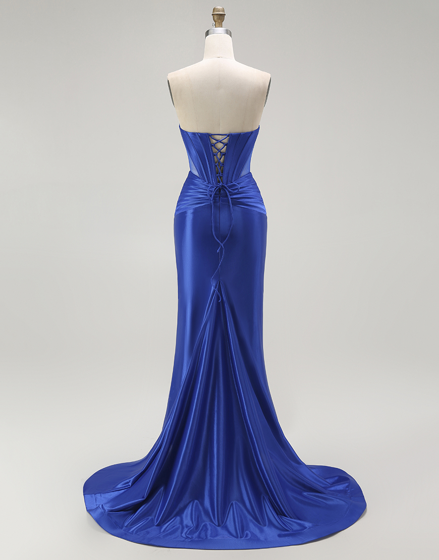 Sparkly Royal Blue Long Mermaid Corset Prom Dress with Beading