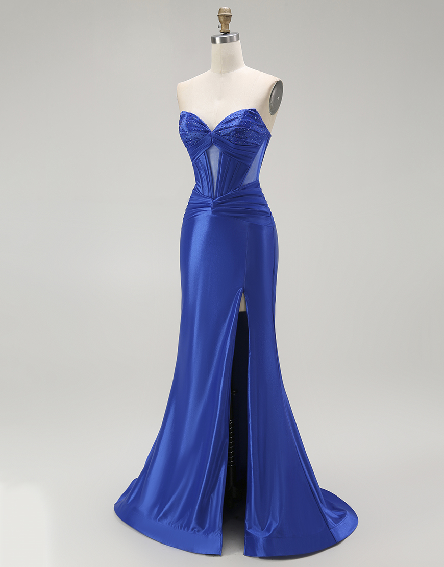 Sparkly Royal Blue Long Mermaid Corset Prom Dress with Beading