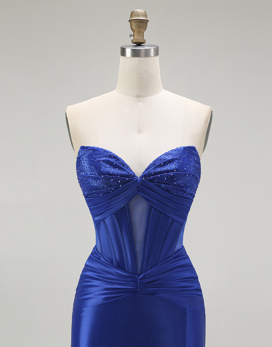 Sparkly Royal Blue Long Mermaid Corset Prom Dress with Beading