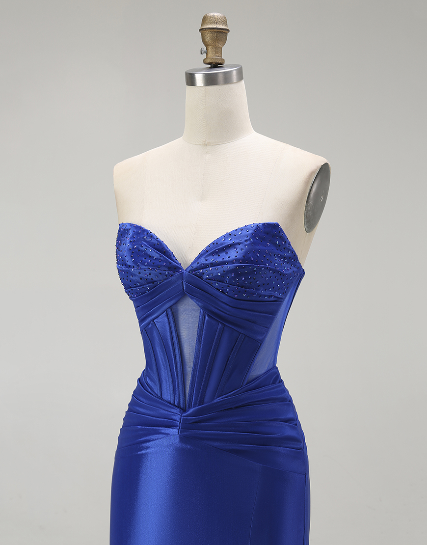 Sparkly Royal Blue Long Mermaid Corset Prom Dress with Beading