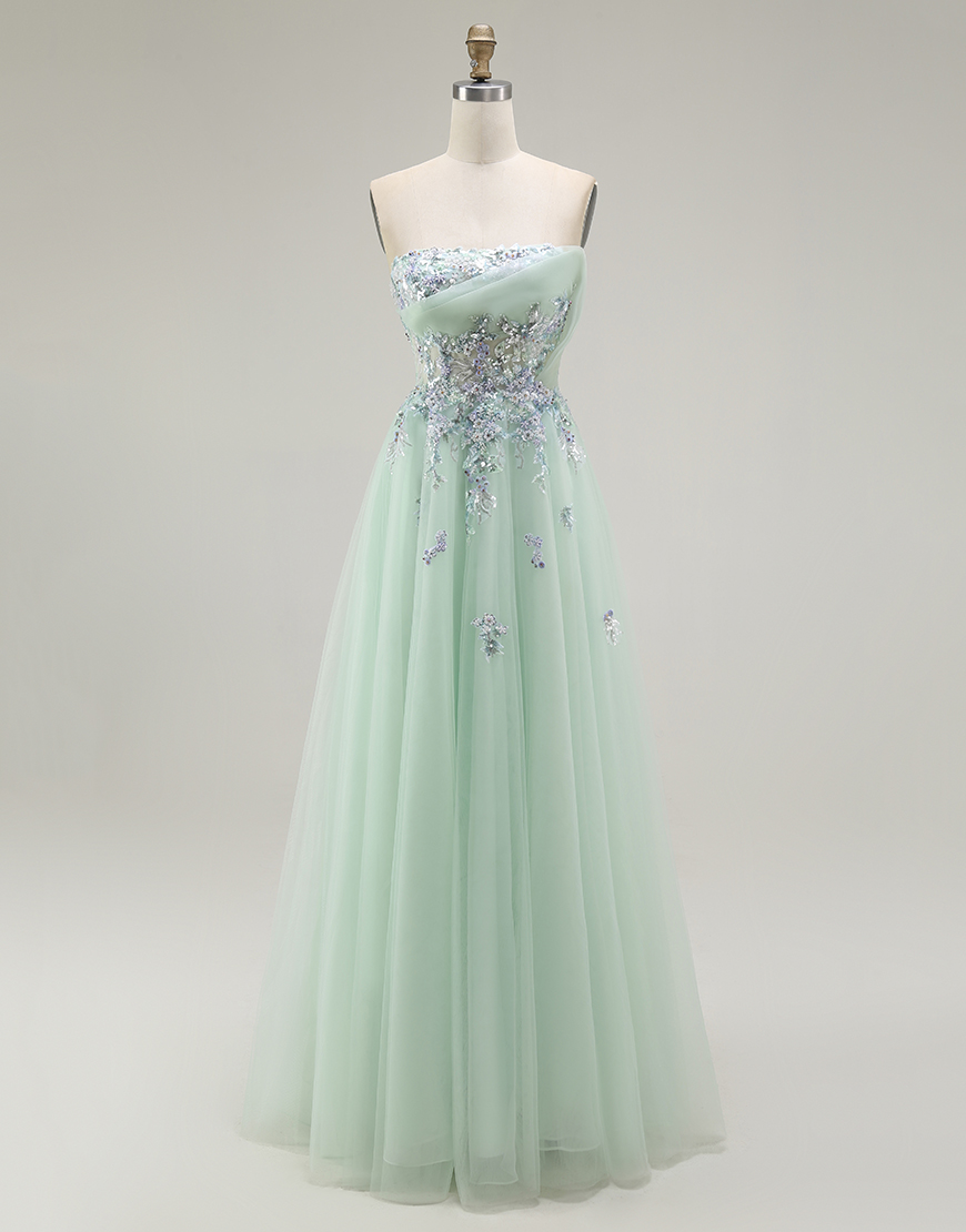 Green A Line Strapless Floral Long Prom Dress with Appliques