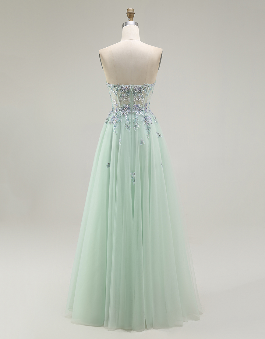 Green A Line Strapless Floral Long Prom Dress with Appliques