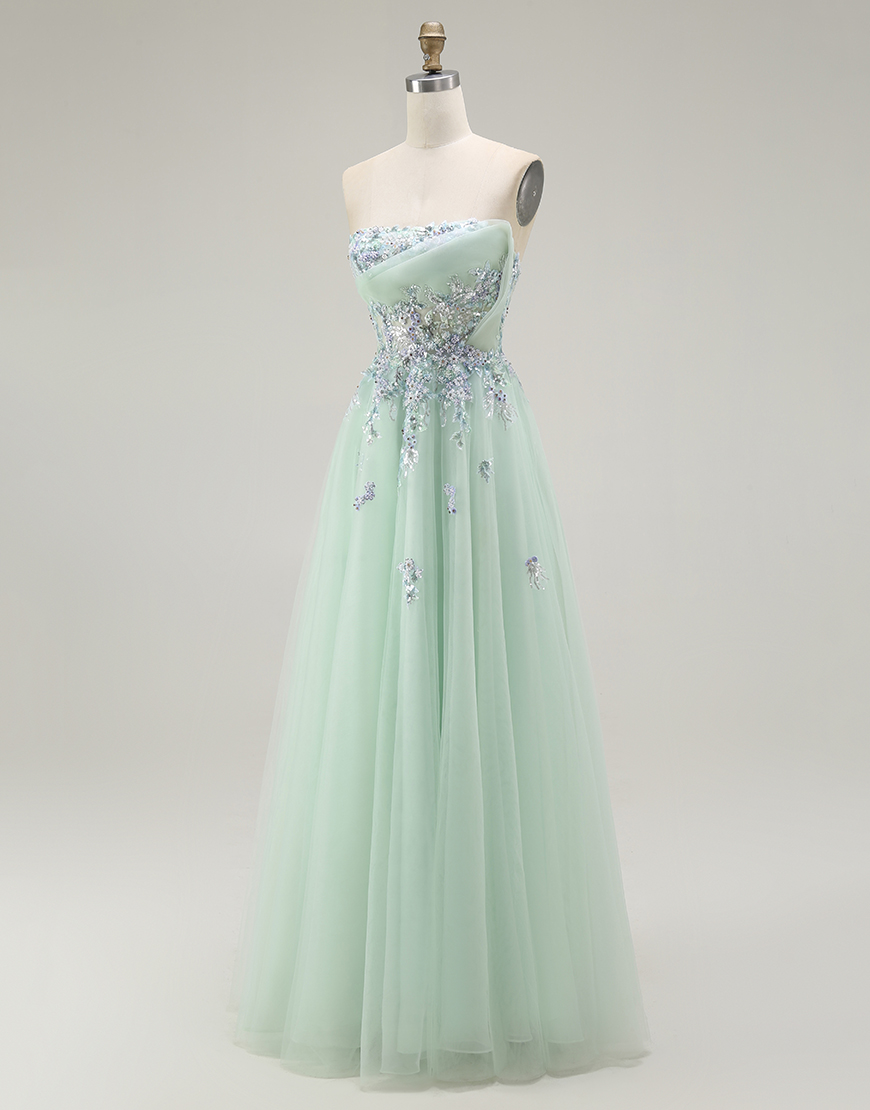 Green A Line Strapless Floral Long Prom Dress with Appliques
