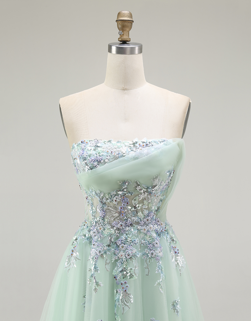 Green A Line Strapless Floral Long Prom Dress with Appliques