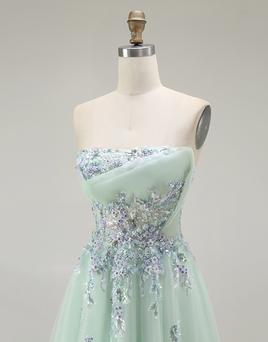Green A Line Strapless Floral Long Prom Dress with Appliques