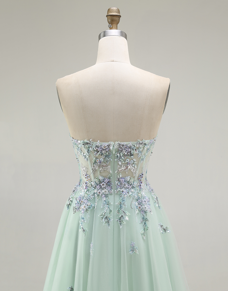 Green A Line Strapless Floral Long Prom Dress with Appliques